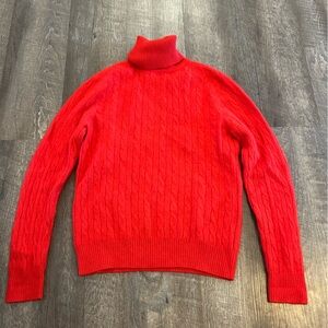 Vertical Design 2-Ply Cashmere Red Cable Knit Turtleneck Sweater